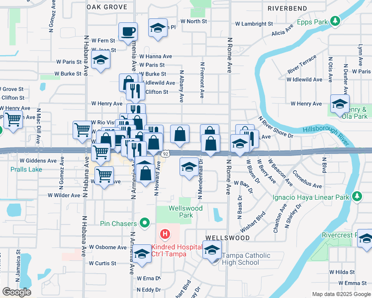 map of restaurants, bars, coffee shops, grocery stores, and more near 2108 U.S. 92 in Tampa