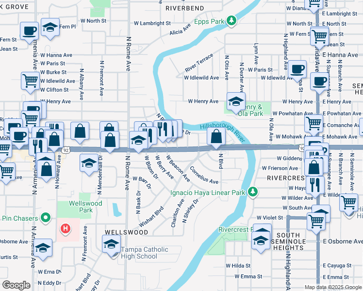 map of restaurants, bars, coffee shops, grocery stores, and more near 907 West Hillsborough Avenue in Tampa