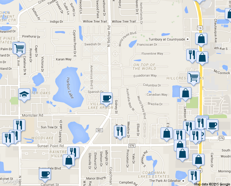map of restaurants, bars, coffee shops, grocery stores, and more near 2311 Brisbane Street in Clearwater