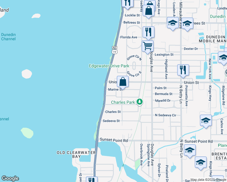 map of restaurants, bars, coffee shops, grocery stores, and more near 2049 Edgewater Drive in Clearwater