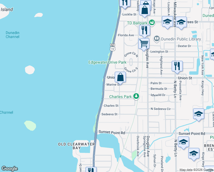 map of restaurants, bars, coffee shops, grocery stores, and more near 2049 Edgewater Drive in Clearwater