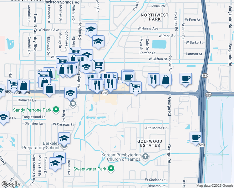 map of restaurants, bars, coffee shops, grocery stores, and more near 250 Belle Chase Circle in Tampa