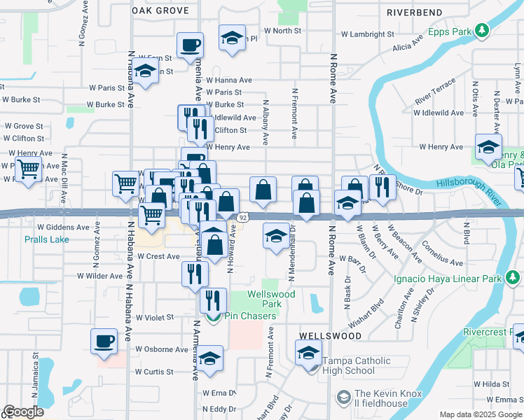 map of restaurants, bars, coffee shops, grocery stores, and more near 2108 U.S. 92 in Tampa