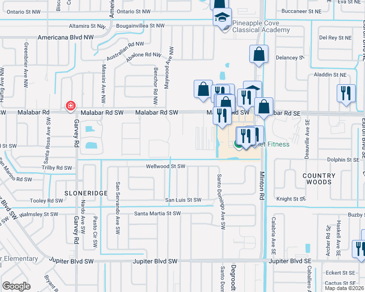 map of restaurants, bars, coffee shops, grocery stores, and more near 365 Wellwood St SW in Palm Bay