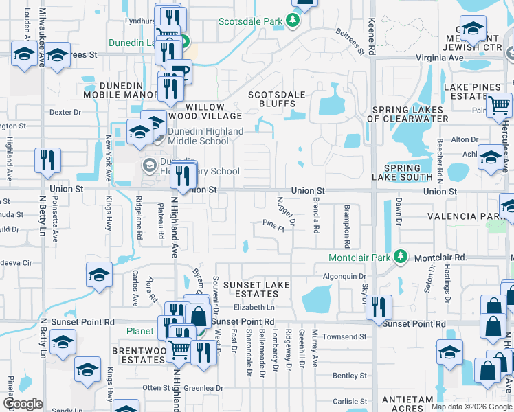 map of restaurants, bars, coffee shops, grocery stores, and more near 1636 Pine Place in Clearwater