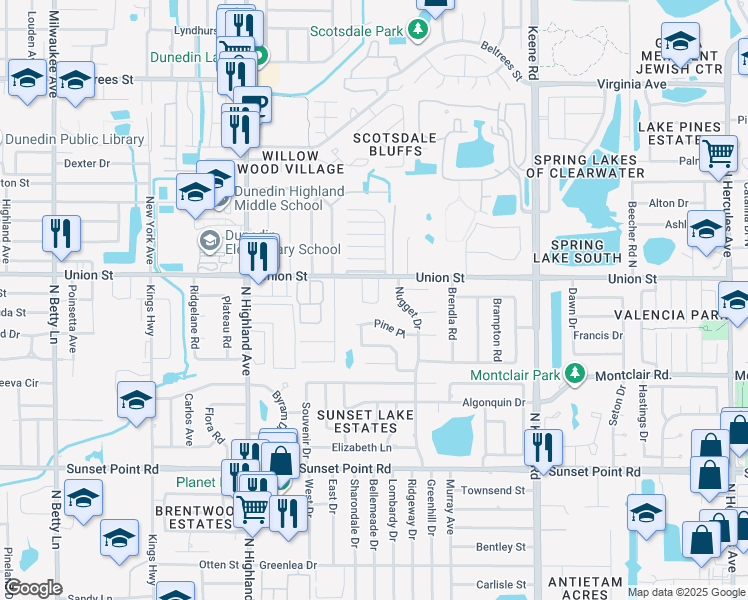 map of restaurants, bars, coffee shops, grocery stores, and more near 1636 Pine Place in Clearwater