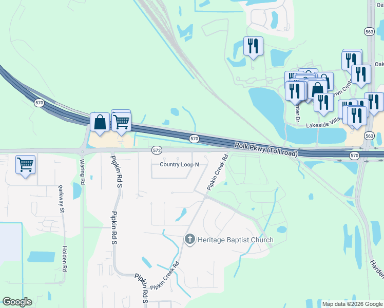 map of restaurants, bars, coffee shops, grocery stores, and more near 3802 Country Road in Lakeland
