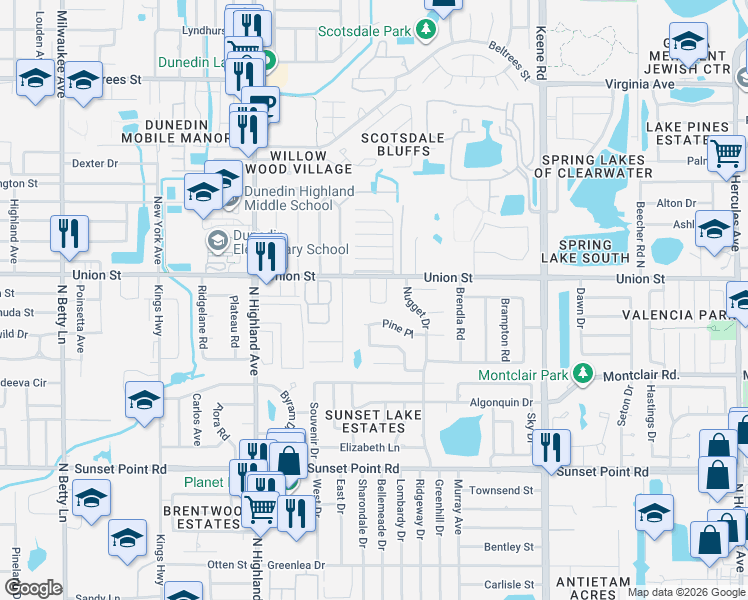 map of restaurants, bars, coffee shops, grocery stores, and more near 1636 Pine Place in Clearwater