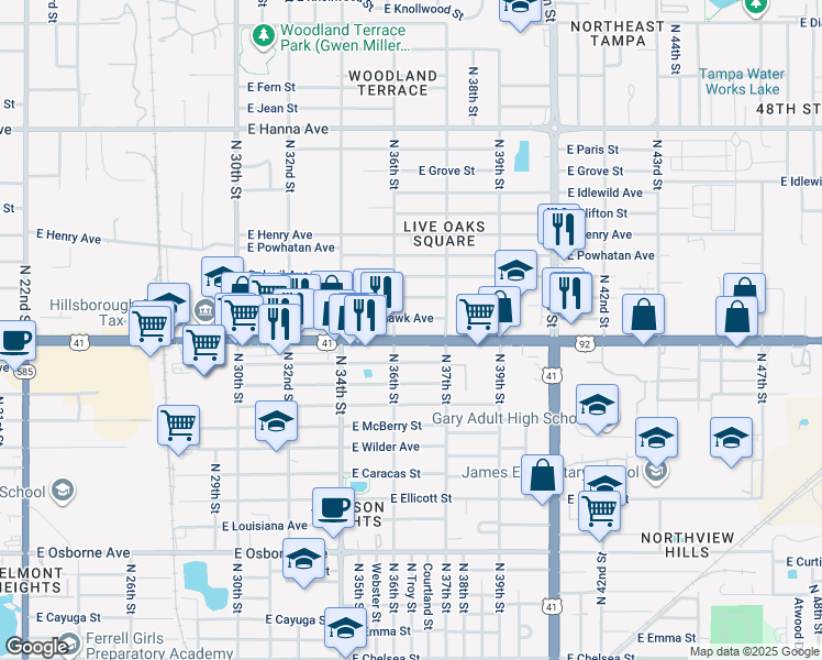 map of restaurants, bars, coffee shops, grocery stores, and more near 3623 East Hillsborough Avenue in Tampa