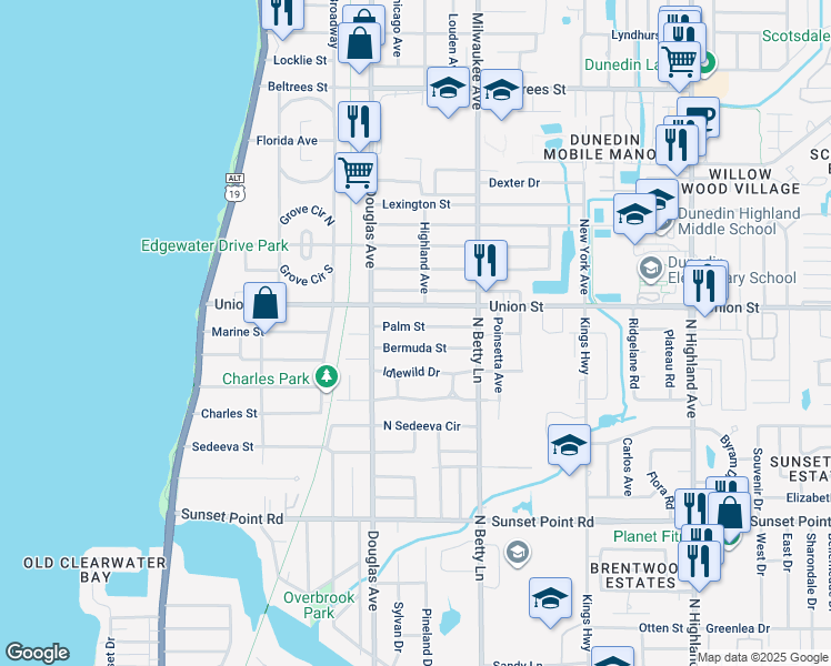 map of restaurants, bars, coffee shops, grocery stores, and more near 1235 Palm Street in Clearwater