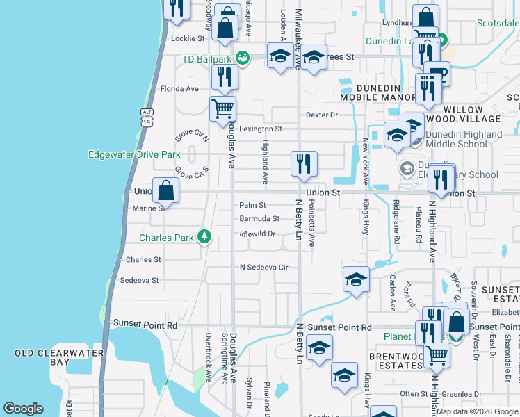 map of restaurants, bars, coffee shops, grocery stores, and more near 1235 Palm Street in Clearwater