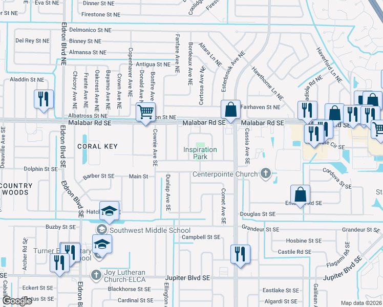 map of restaurants, bars, coffee shops, grocery stores, and more near 741 Consumer Street Southeast in Palm Bay