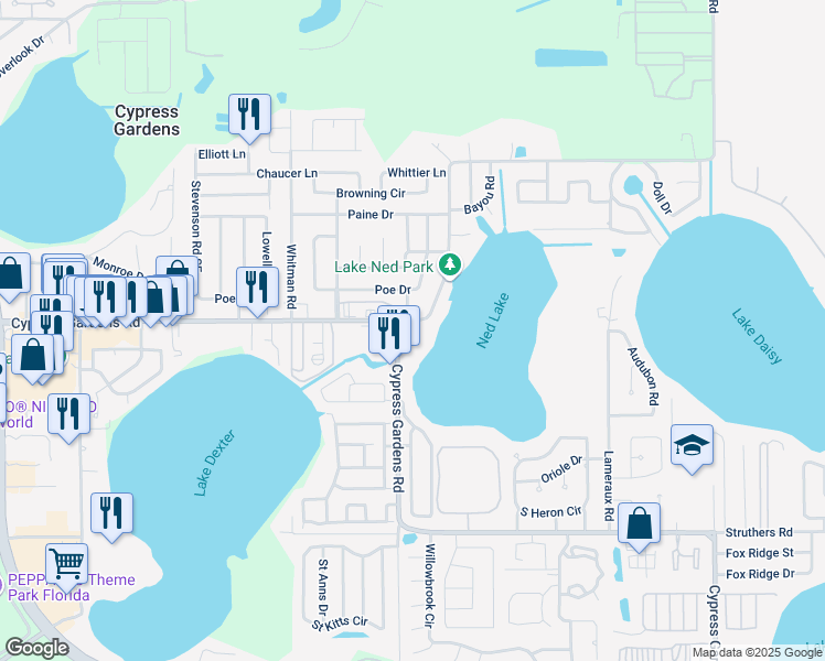 map of restaurants, bars, coffee shops, grocery stores, and more near 135 MacLandon Court in Winter Haven