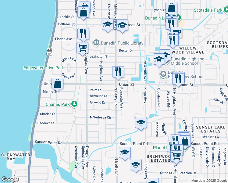 map of restaurants, bars, coffee shops, grocery stores, and more near 2067 North Betty Lane in Clearwater
