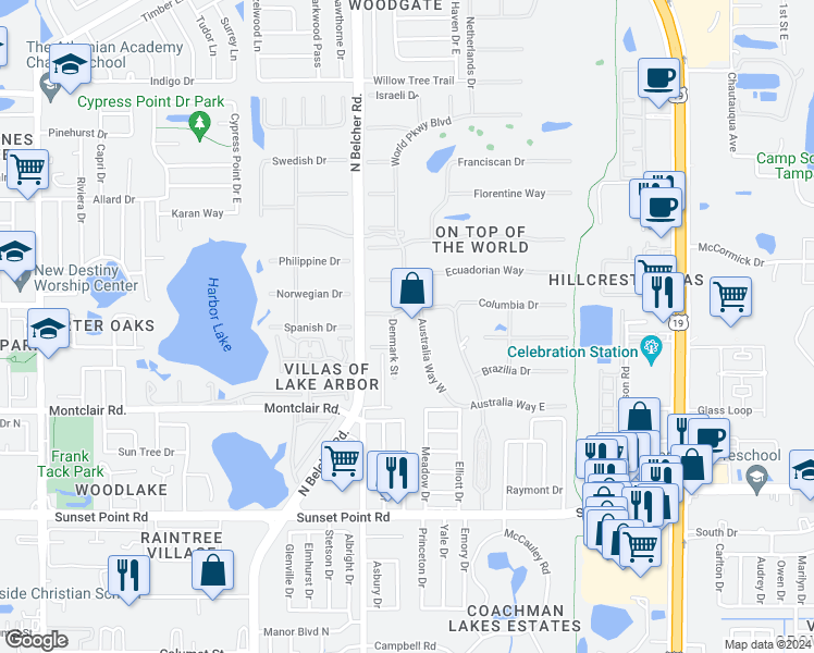 map of restaurants, bars, coffee shops, grocery stores, and more near 2073 Denmark Street in Clearwater