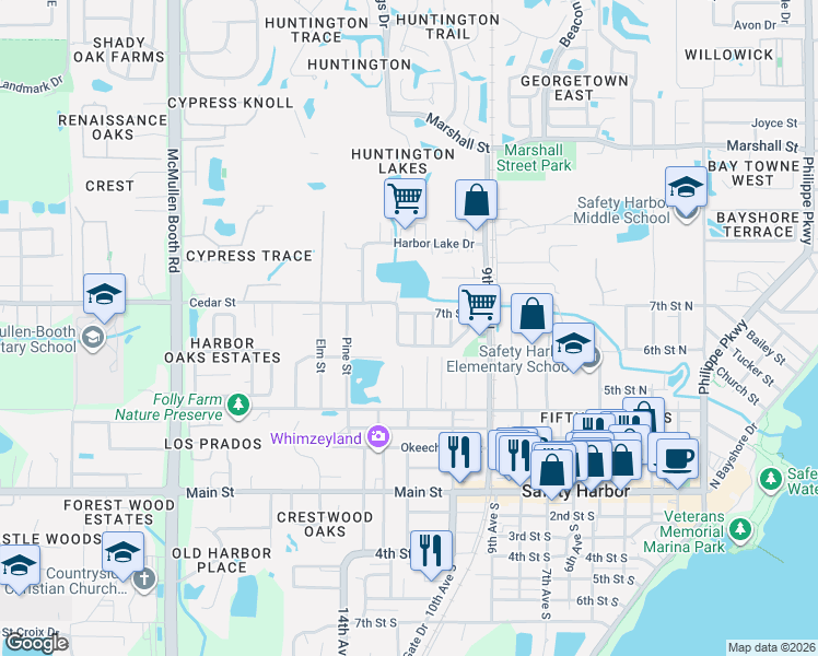 map of restaurants, bars, coffee shops, grocery stores, and more near 625 11th Place North in Safety Harbor