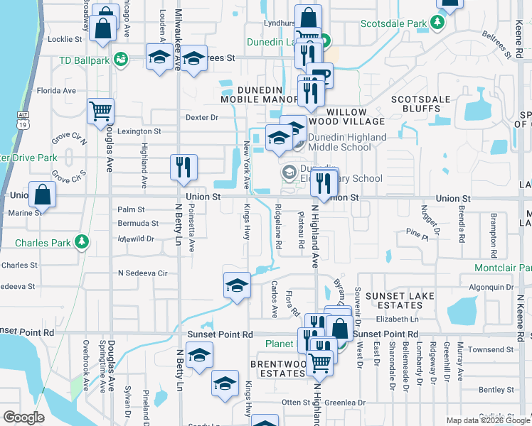 map of restaurants, bars, coffee shops, grocery stores, and more near 2058 Alpine Road in Clearwater