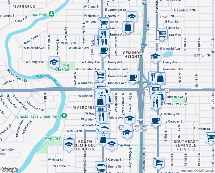 map of restaurants, bars, coffee shops, grocery stores, and more near 5309 North Suwanee Avenue in Tampa