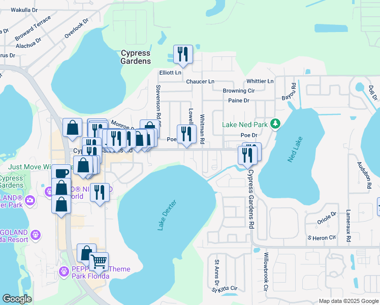 map of restaurants, bars, coffee shops, grocery stores, and more near 3374 Cypress Gardens Road in Winter Haven