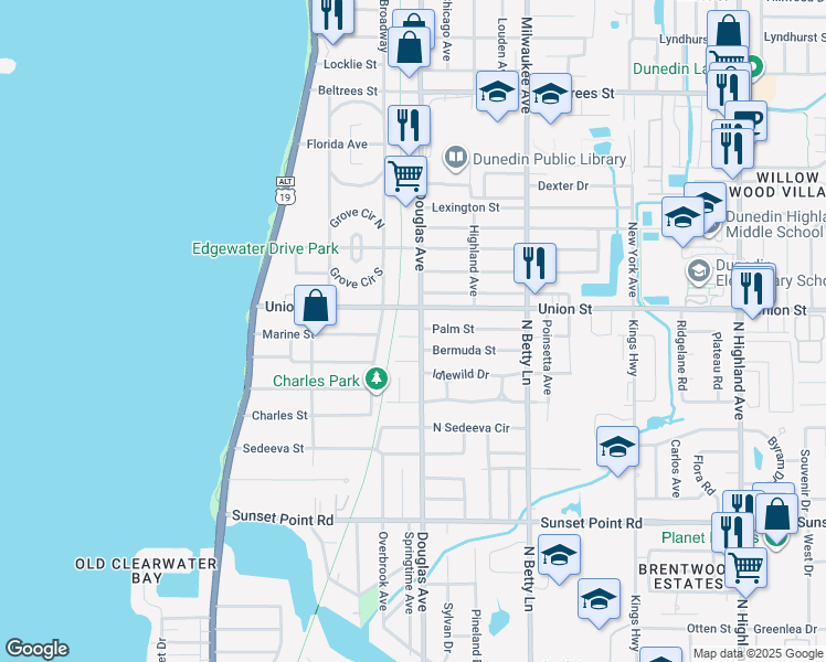 map of restaurants, bars, coffee shops, grocery stores, and more near 1188 Starboard Way in Clearwater