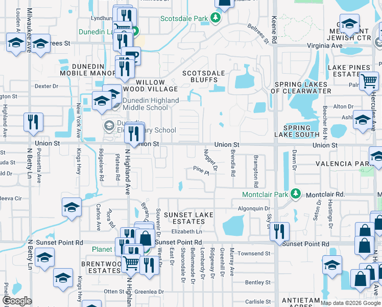 map of restaurants, bars, coffee shops, grocery stores, and more near 1636 Pine Place in Clearwater