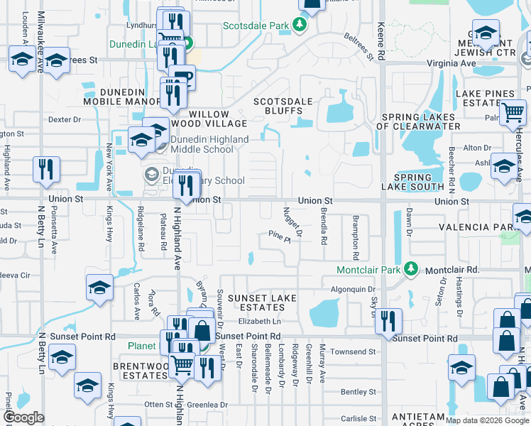 map of restaurants, bars, coffee shops, grocery stores, and more near 1636 Pine Place in Clearwater