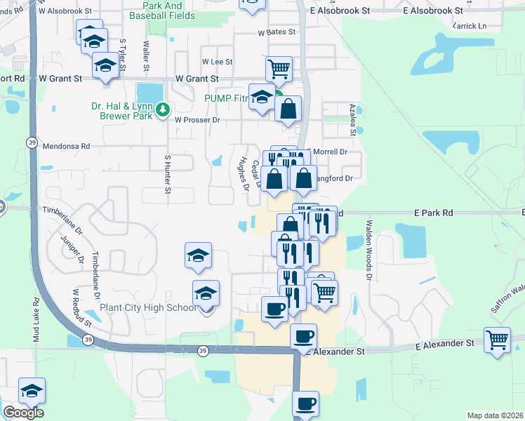 map of restaurants, bars, coffee shops, grocery stores, and more near 305 Hemlock Drive in Plant City