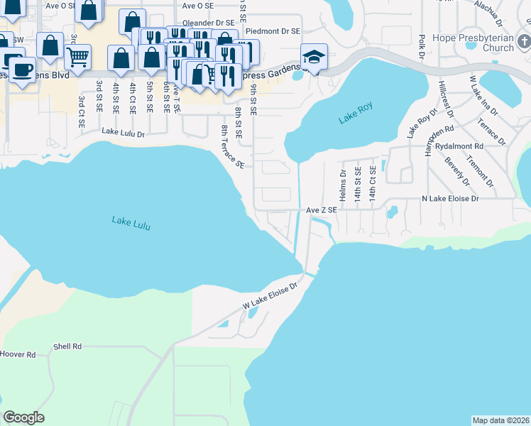 map of restaurants, bars, coffee shops, grocery stores, and more near 900 Avenue Z Southeast in Winter Haven