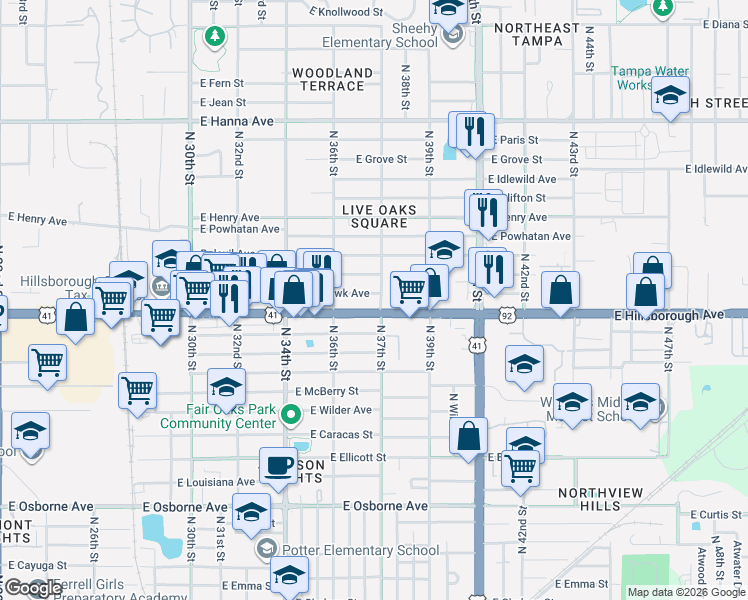 map of restaurants, bars, coffee shops, grocery stores, and more near 3633-3699 East Hillsborough Avenue in Tampa