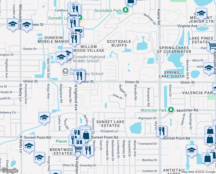 map of restaurants, bars, coffee shops, grocery stores, and more near 2063 Powderhorn Drive in Clearwater