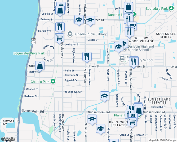 map of restaurants, bars, coffee shops, grocery stores, and more near 2067 North Betty Lane in Clearwater