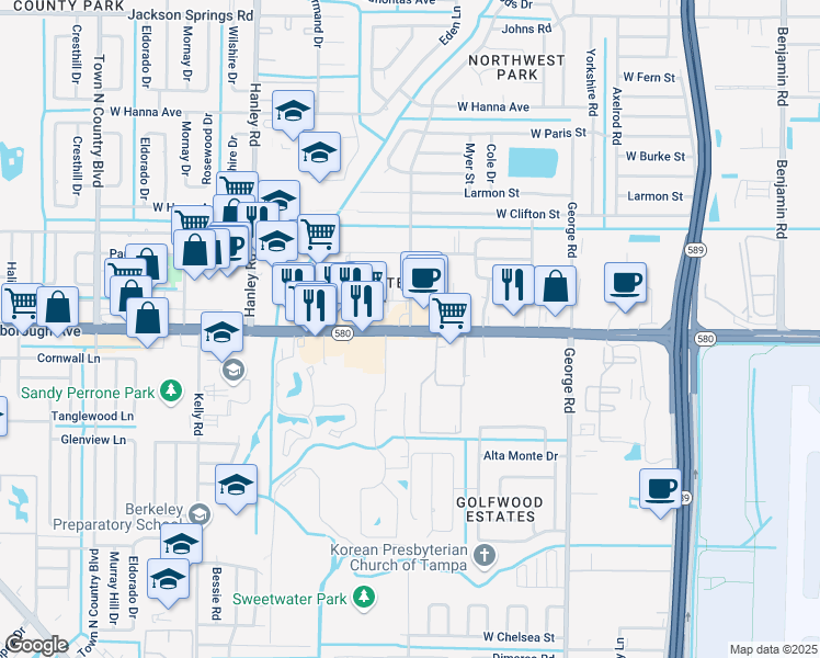 map of restaurants, bars, coffee shops, grocery stores, and more near W Hillsborough Ave & Sawyer Rd in Town 'n' Country