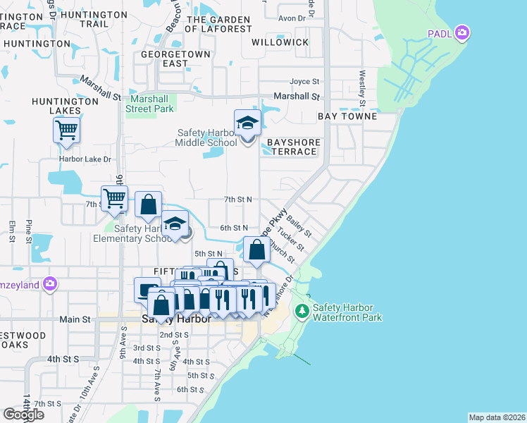 map of restaurants, bars, coffee shops, grocery stores, and more near in Safety Harbor