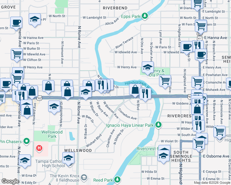 map of restaurants, bars, coffee shops, grocery stores, and more near 5406 North Pershing Place in Tampa