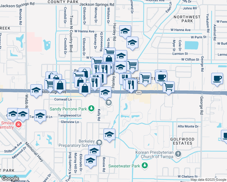 map of restaurants, bars, coffee shops, grocery stores, and more near W Hillsborough Ave & Hanley Rd in Town 'n' Country