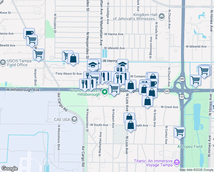 map of restaurants, bars, coffee shops, grocery stores, and more near 4325 West Hillsborough Avenue in Tampa