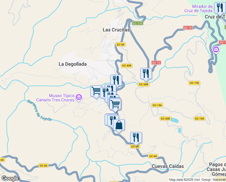 map of restaurants, bars, coffee shops, grocery stores, and more near 8 Calle Párroco Rodríguez Vega in Tejeda