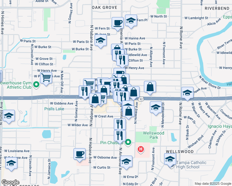 map of restaurants, bars, coffee shops, grocery stores, and more near in Tampa