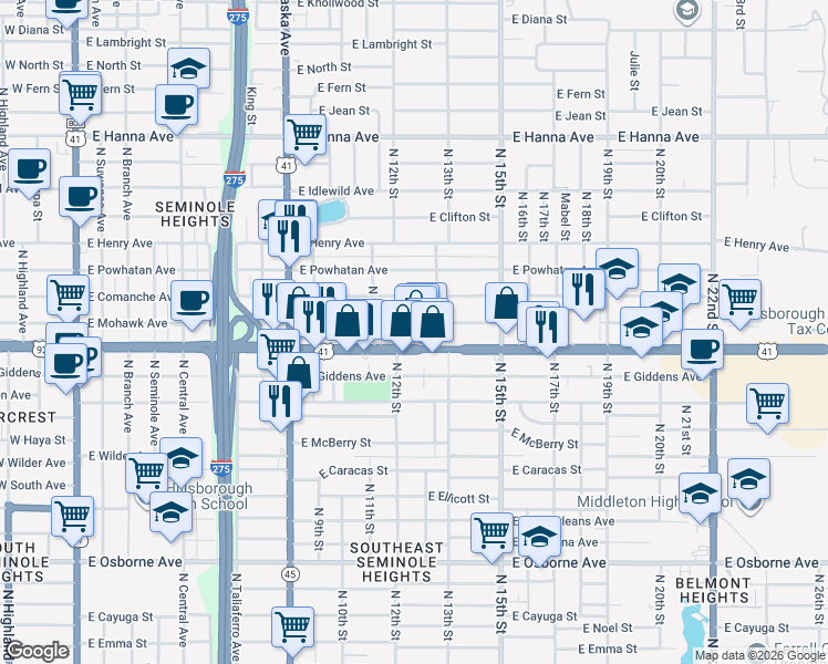 map of restaurants, bars, coffee shops, grocery stores, and more near 1235 East Hillsborough Avenue in Tampa
