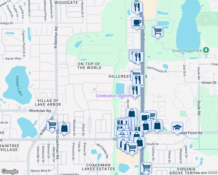 map of restaurants, bars, coffee shops, grocery stores, and more near 2461 Canadian Way in Clearwater