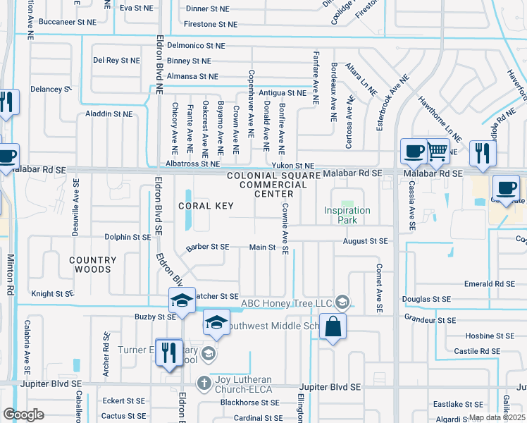map of restaurants, bars, coffee shops, grocery stores, and more near 228 Greenacre Drive Southeast in Palm Bay