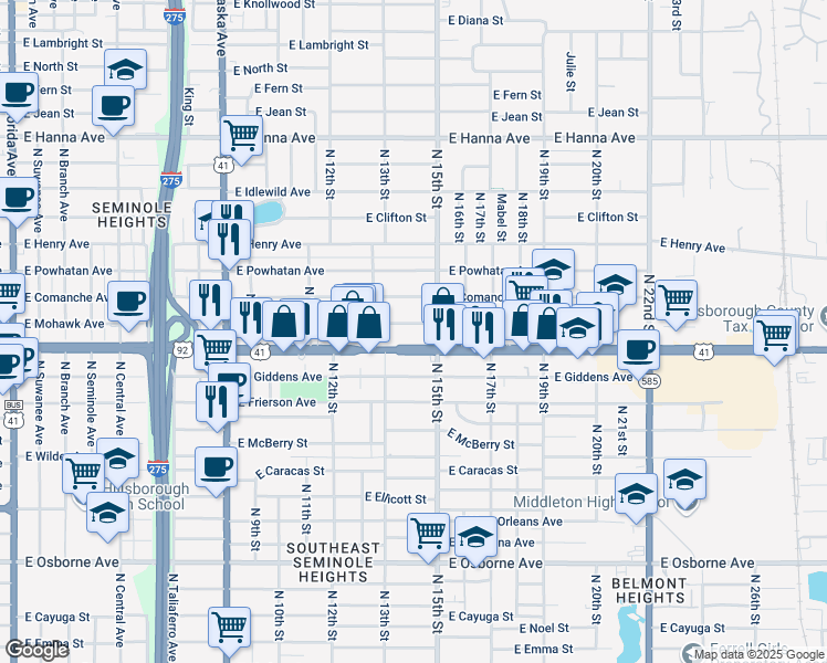 map of restaurants, bars, coffee shops, grocery stores, and more near 1305 East Hillsborough Avenue in Tampa