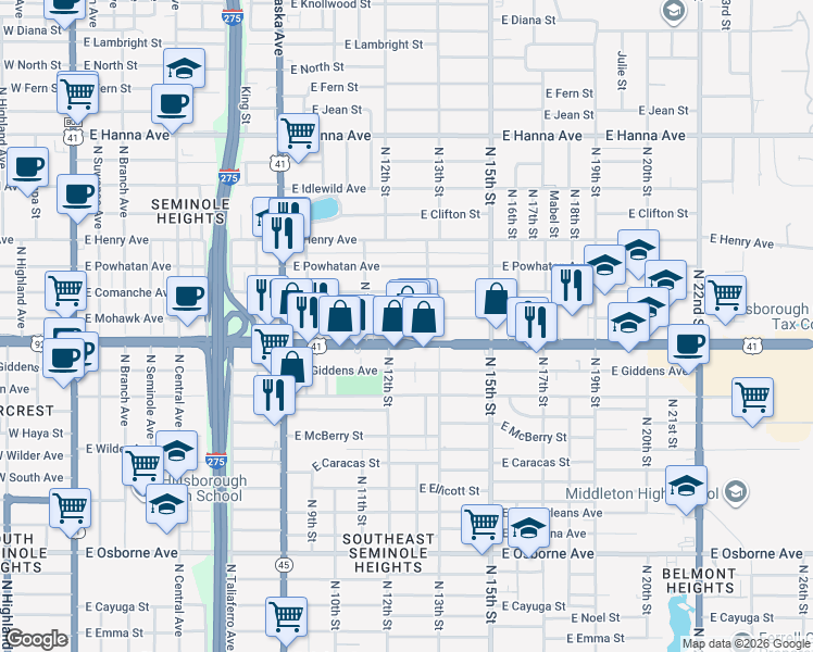 map of restaurants, bars, coffee shops, grocery stores, and more near 1235 East Hillsborough Avenue in Tampa