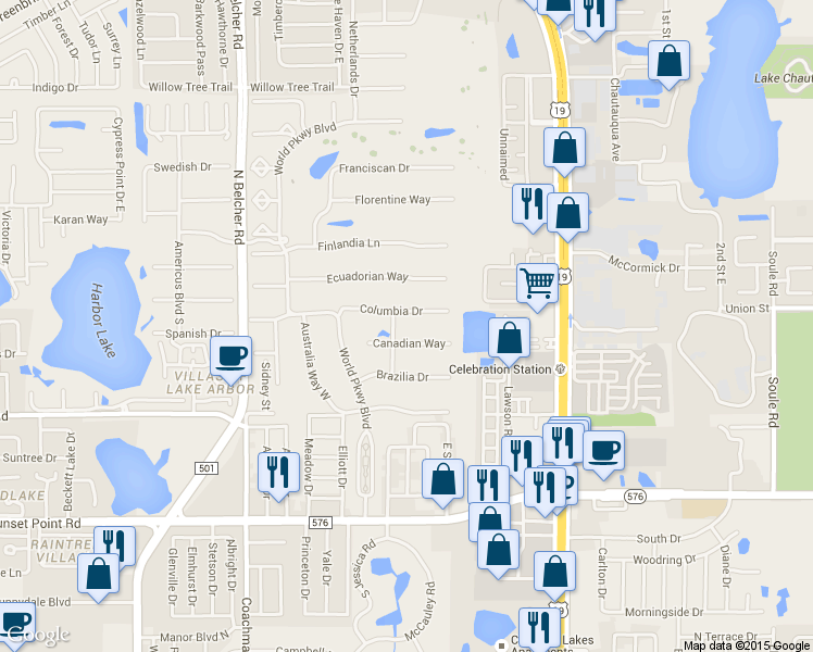map of restaurants, bars, coffee shops, grocery stores, and more near 2451 Canadian Way in Clearwater