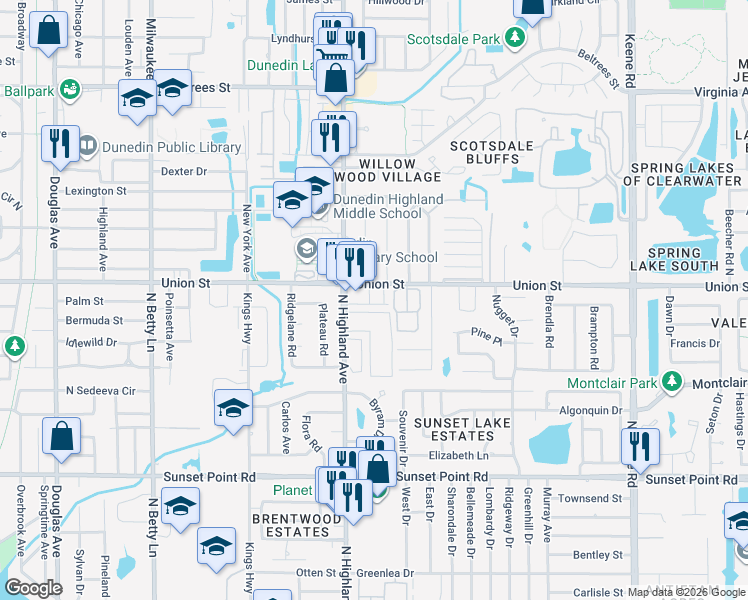 map of restaurants, bars, coffee shops, grocery stores, and more near 2065 North Highland Avenue in Clearwater