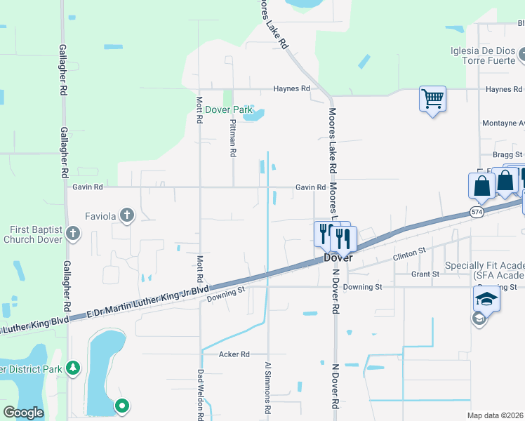 map of restaurants, bars, coffee shops, grocery stores, and more near 13887 Gavin Road in Dover