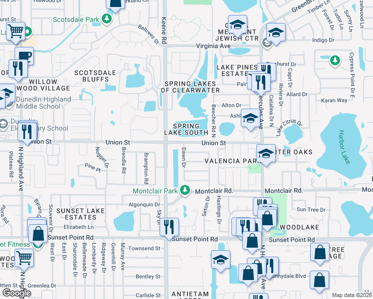 map of restaurants, bars, coffee shops, grocery stores, and more near 1832 Seton Drive in Clearwater