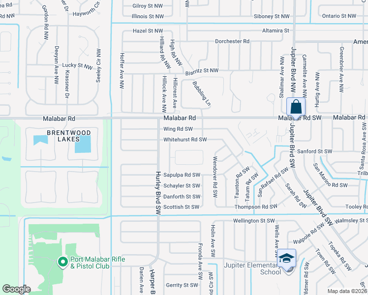 map of restaurants, bars, coffee shops, grocery stores, and more near 1208 Whitehurst Road Southwest in Palm Bay