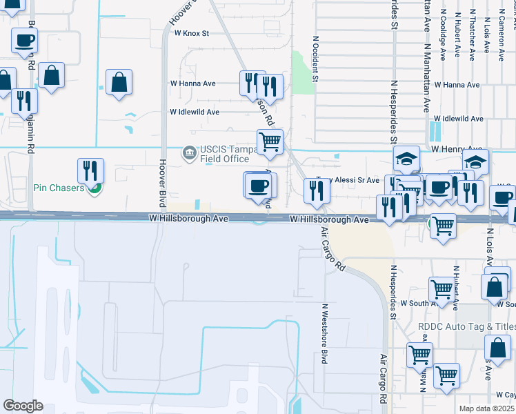 map of restaurants, bars, coffee shops, grocery stores, and more near 5011 West Hillsborough Avenue in Tampa