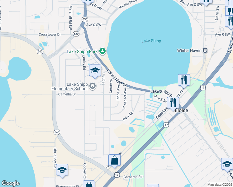 map of restaurants, bars, coffee shops, grocery stores, and more near 80 Ridge Avenue in Winter Haven